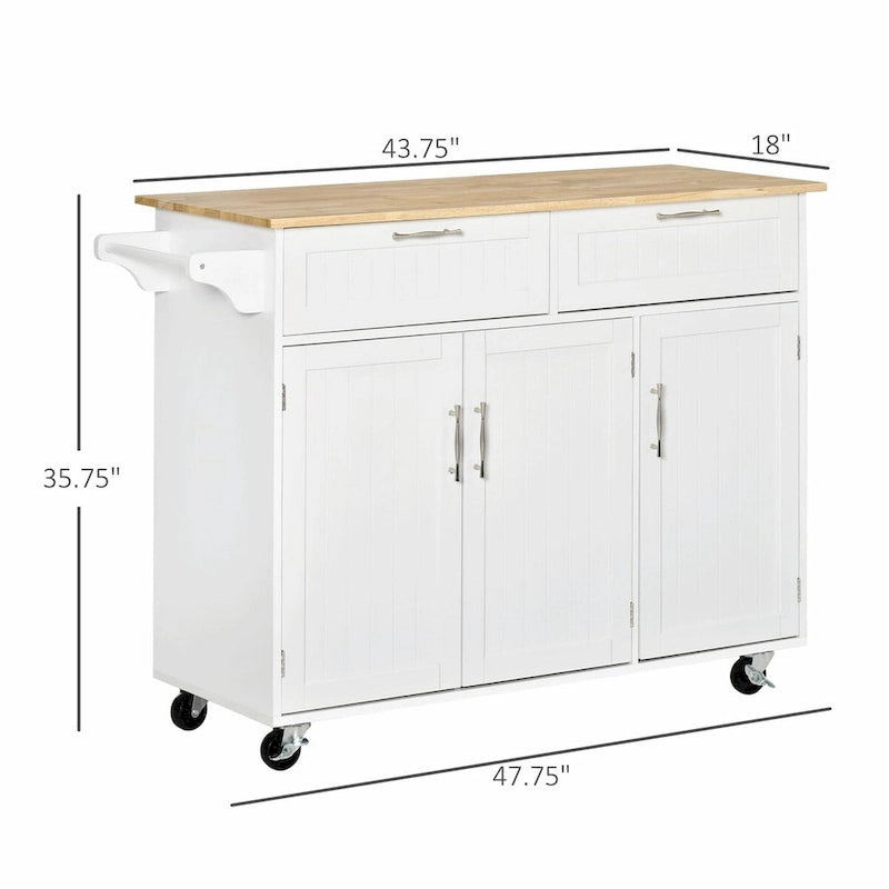 Desservante de cuisine à roulettes avec plateau en bois naturel, 2 tiroirs, 3 placards et porte-serviettes