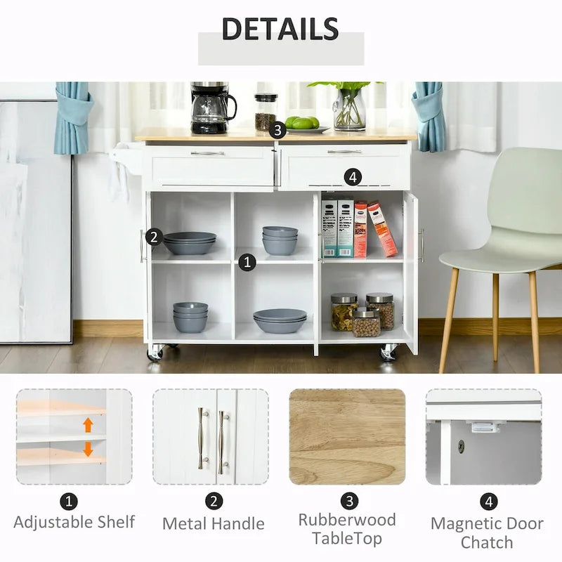 Desservante de cuisine à roulettes avec plateau en bois naturel, 2 tiroirs, 3 placards et porte-serviettes