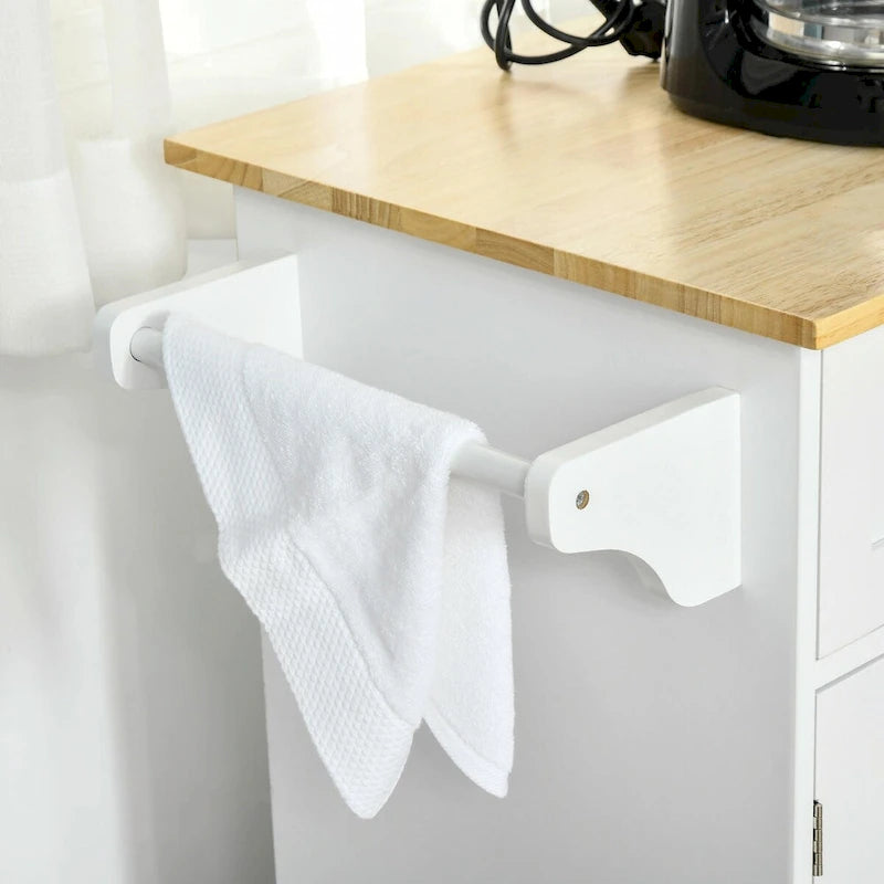 Desservante de cuisine à roulettes avec plateau en bois naturel, 2 tiroirs, 3 placards et porte-serviettes