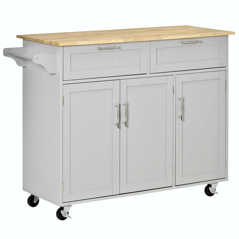 Desservante de cuisine à roulettes avec plateau en bois naturel, 2 tiroirs, 3 placards et porte-serviettes