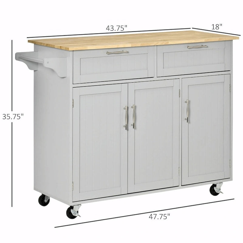 Desservante de cuisine à roulettes avec plateau en bois naturel, 2 tiroirs, 3 placards et porte-serviettes