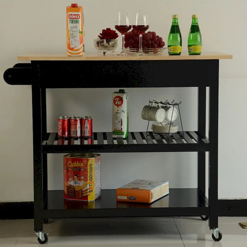 Desserte de cuisine roulante avec plateau en bois naturel, 2 étagères ouvertes et porte-serviettes