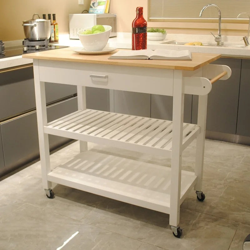 Desserte de cuisine roulante avec plateau en bois naturel, 2 étagères ouvertes et porte-serviettes