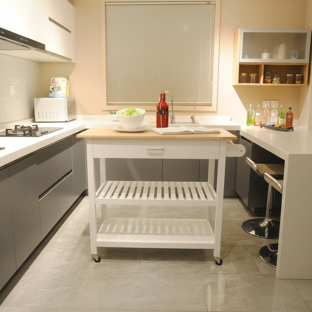 Desserte de cuisine roulante avec plateau en bois naturel, 2 étagères ouvertes et porte-serviettes