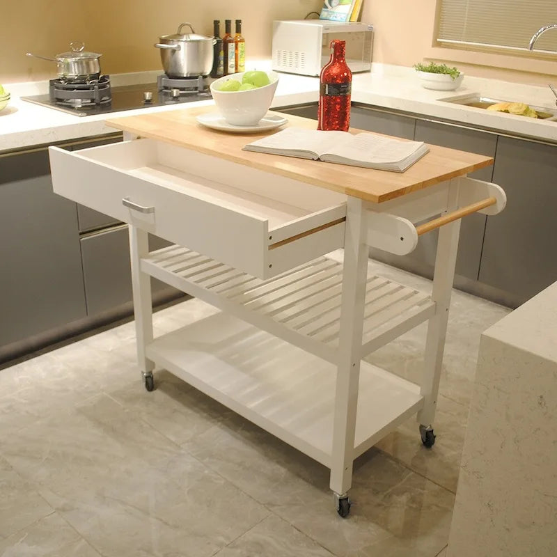 Desserte de cuisine roulante avec plateau en bois naturel, 2 étagères ouvertes et porte-serviettes