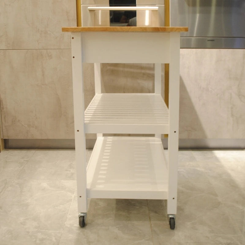 Desserte de cuisine roulante avec plateau en bois naturel, 2 étagères ouvertes et porte-serviettes