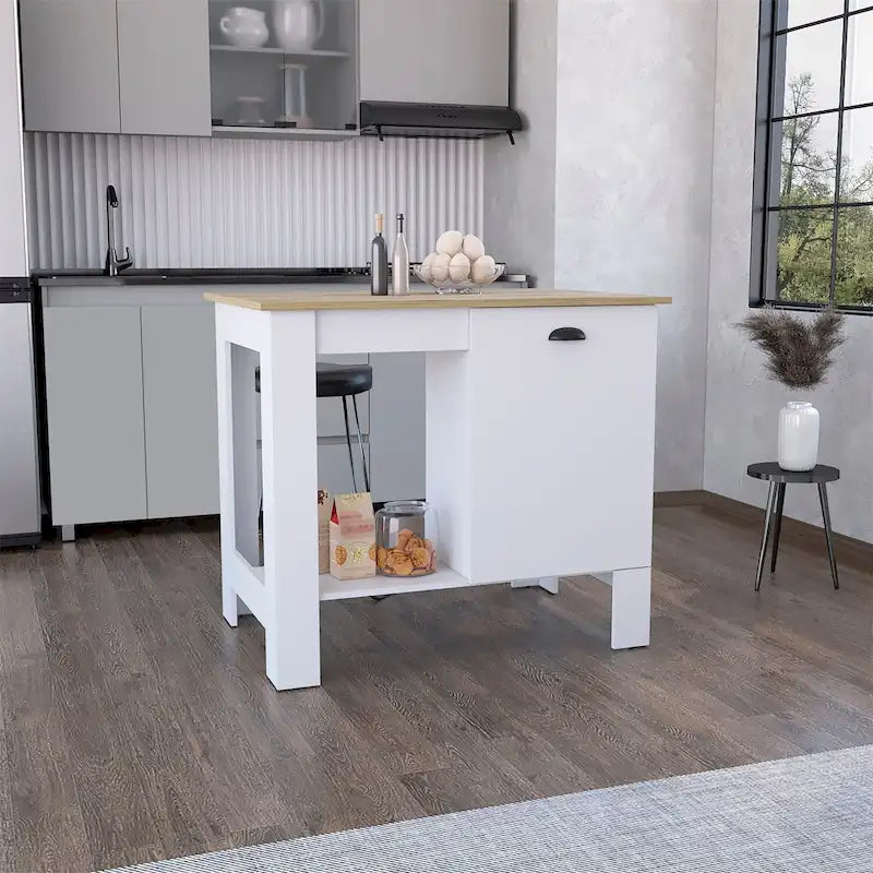 Îlot de cuisine fixe blanc avec plateau en bois naturel, armoire à porte unique et étagère ouverte