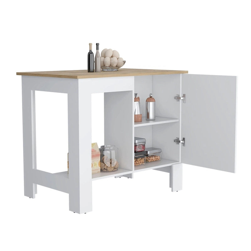 Îlot de cuisine fixe blanc avec plateau en bois naturel, armoire à porte unique et étagère ouverte
