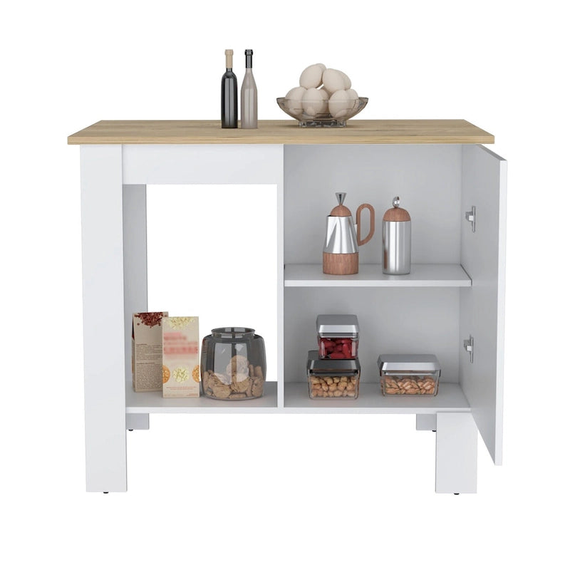 Îlot de cuisine fixe blanc avec plateau en bois naturel, armoire à porte unique et étagère ouverte