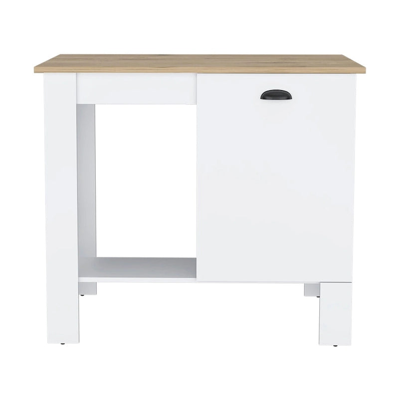 Îlot de cuisine fixe blanc avec plateau en bois naturel, armoire à porte unique et étagère ouverte