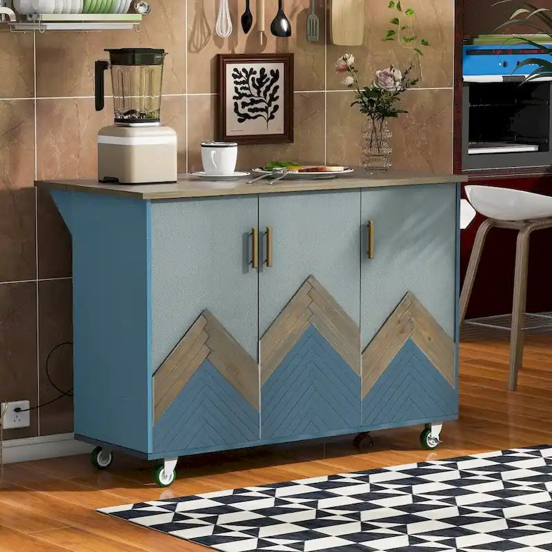 Îlot de cuisine roulant de style rustique avec plateau en chêne à abattant, étagères de rangement internes et porte-serviettes.