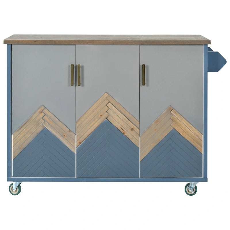 Îlot de cuisine roulant de style rustique avec plateau en chêne à abattant, étagères de rangement internes et porte-serviettes.
