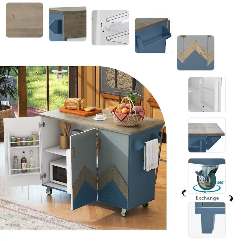 Îlot de cuisine roulant de style rustique avec plateau en chêne à abattant, étagères de rangement internes et porte-serviettes.