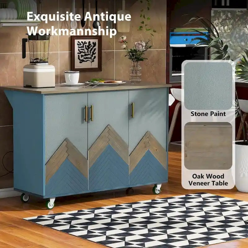 Îlot de cuisine roulant de style rustique avec plateau en chêne à abattant, étagères de rangement internes et porte-serviettes.