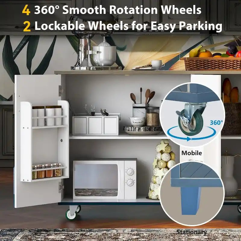 Îlot de cuisine roulant de style rustique avec plateau en chêne à abattant, étagères de rangement internes et porte-serviettes.