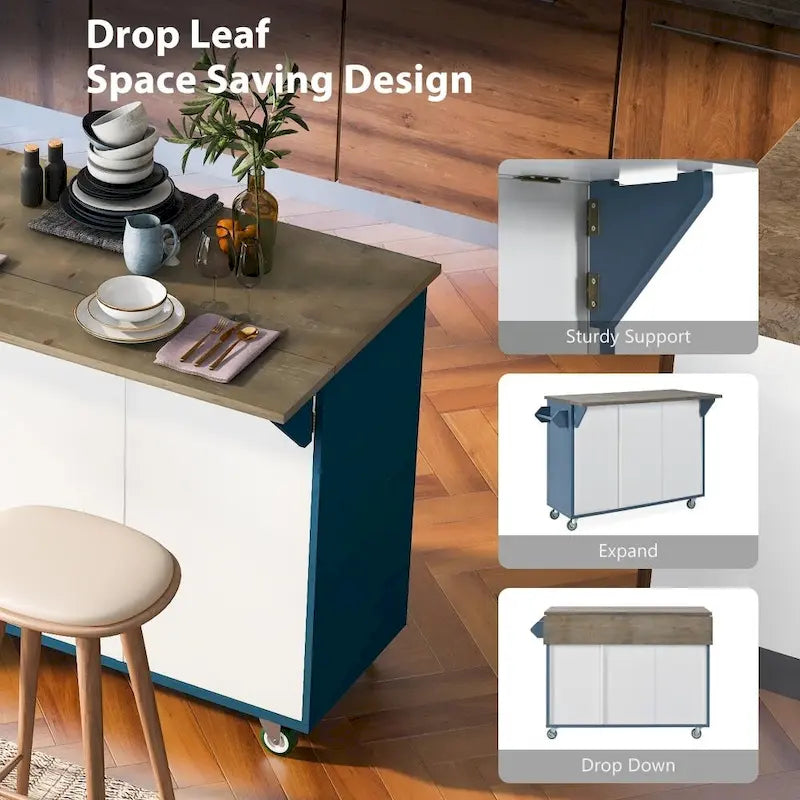 Îlot de cuisine roulant de style rustique avec plateau en chêne à abattant, étagères de rangement internes et porte-serviettes.