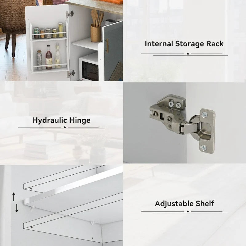 Îlot de cuisine roulant de style rustique avec plateau en chêne à abattant, étagères de rangement internes et porte-serviettes.