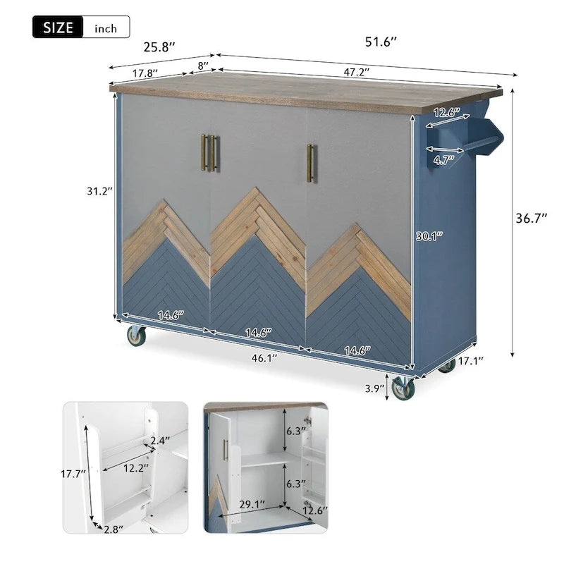 Îlot de cuisine roulant de style rustique avec plateau en chêne à abattant, étagères de rangement internes et porte-serviettes.