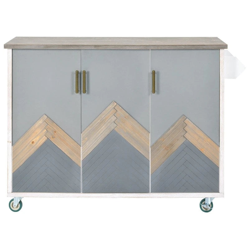 Îlot de cuisine roulant de style rustique avec plateau en chêne à abattant, étagères de rangement internes et porte-serviettes.