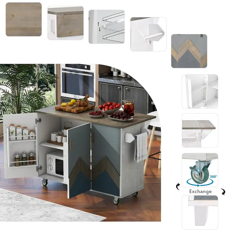 Îlot de cuisine roulant de style rustique avec plateau en chêne à abattant, étagères de rangement internes et porte-serviettes.