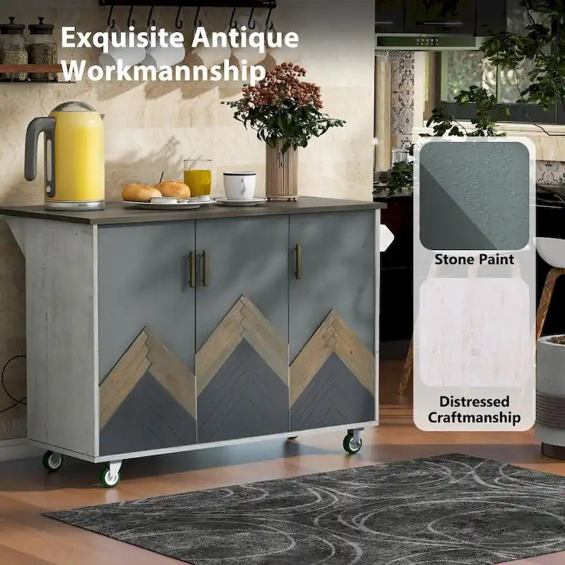 Îlot de cuisine roulant de style rustique avec plateau en chêne à abattant, étagères de rangement internes et porte-serviettes.