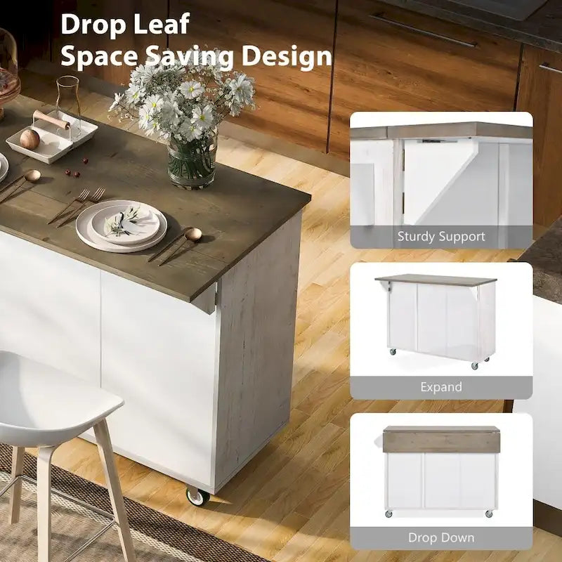 Îlot de cuisine roulant de style rustique avec plateau en chêne à abattant, étagères de rangement internes et porte-serviettes.