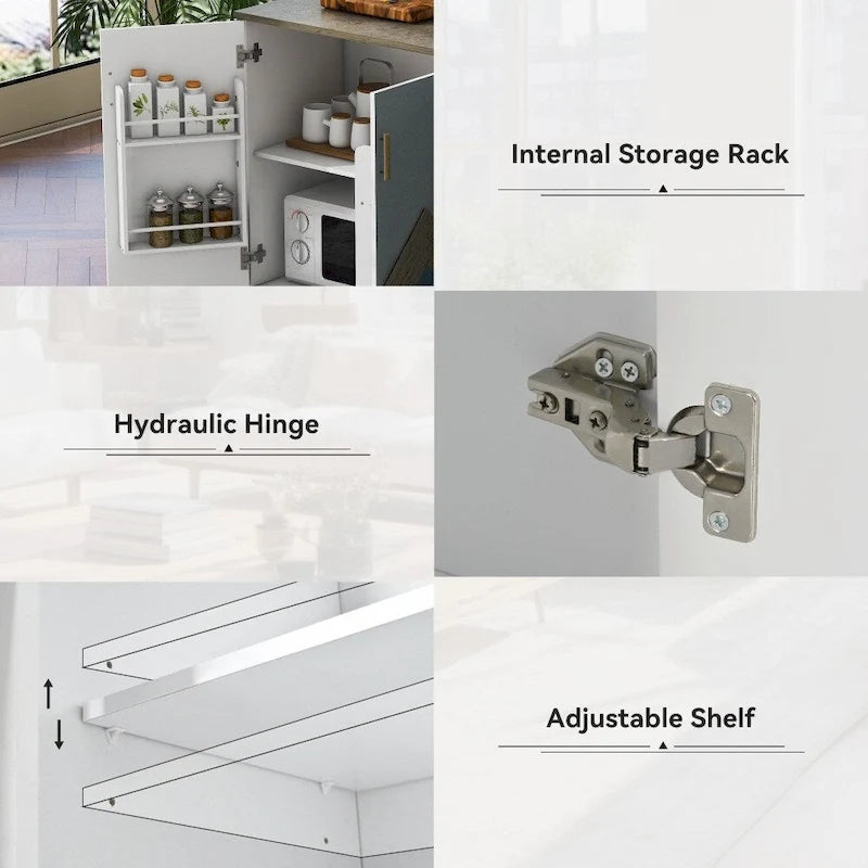 Îlot de cuisine roulant de style rustique avec plateau en chêne à abattant, étagères de rangement internes et porte-serviettes.