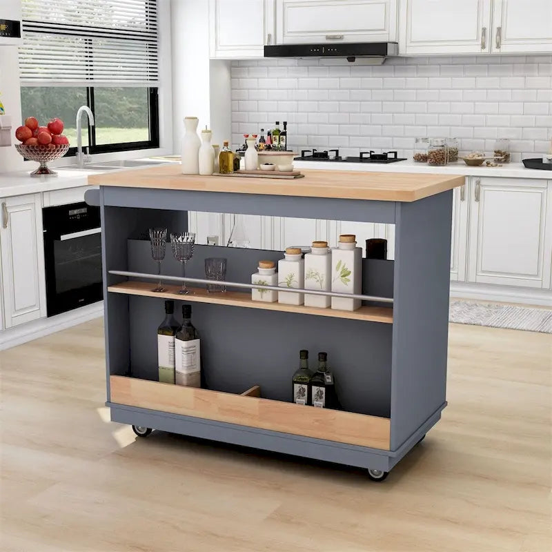 Meuble îlot de cuisine roulant double face avec plateau en bois d'hévéa, 2 tiroirs et étagères ouvertes