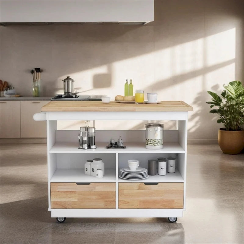 Meuble îlot de cuisine roulant double face avec plateau en bois d'hévéa, 2 tiroirs et étagères ouvertes