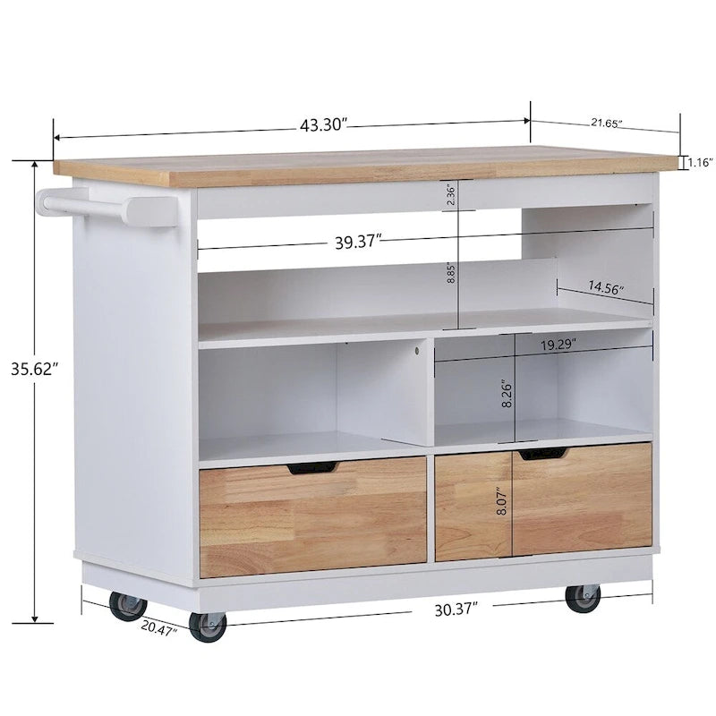 Meuble îlot de cuisine roulant double face avec plateau en bois d'hévéa, 2 tiroirs et étagères ouvertes