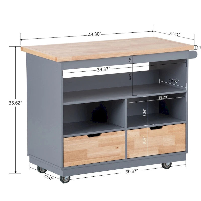 Meuble îlot de cuisine roulant double face avec plateau en bois d'hévéa, 2 tiroirs et étagères ouvertes