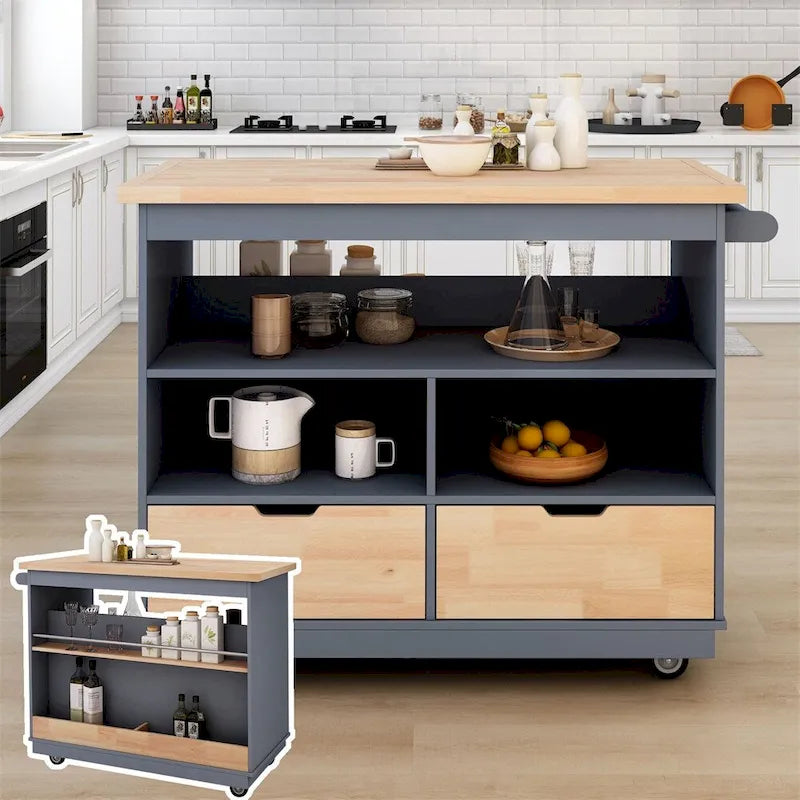 Meuble îlot de cuisine roulant double face avec plateau en bois d'hévéa, 2 tiroirs et étagères ouvertes
