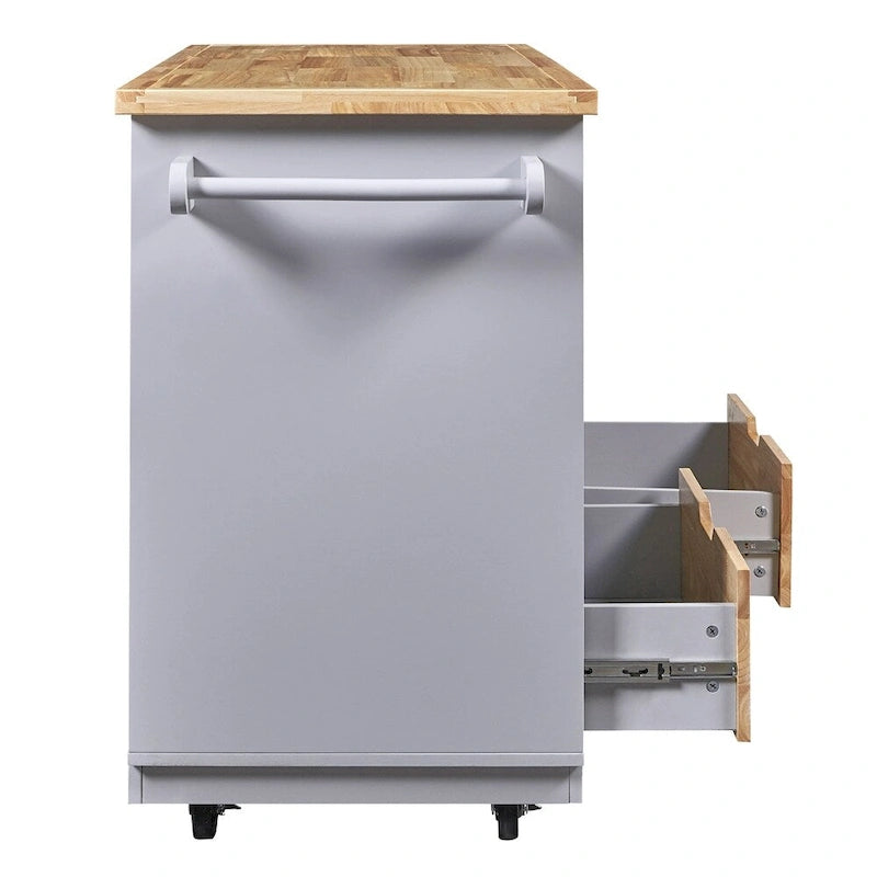 Meuble îlot de cuisine roulant double face avec plateau en bois d'hévéa, 2 tiroirs et étagères ouvertes