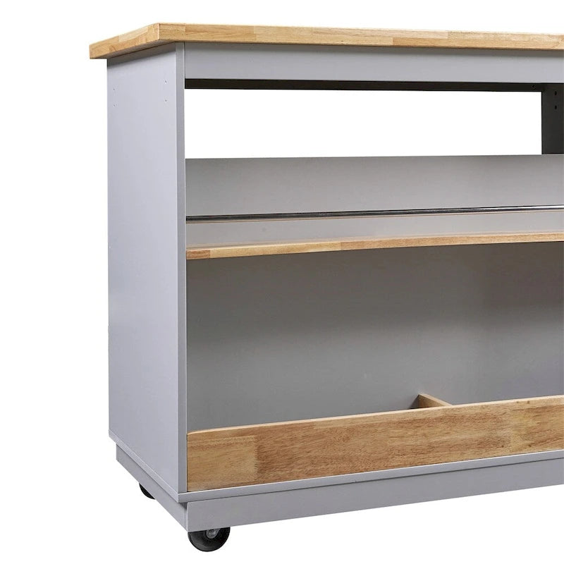 Meuble îlot de cuisine roulant double face avec plateau en bois d'hévéa, 2 tiroirs et étagères ouvertes
