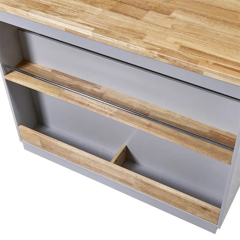 Meuble îlot de cuisine roulant double face avec plateau en bois d'hévéa, 2 tiroirs et étagères ouvertes