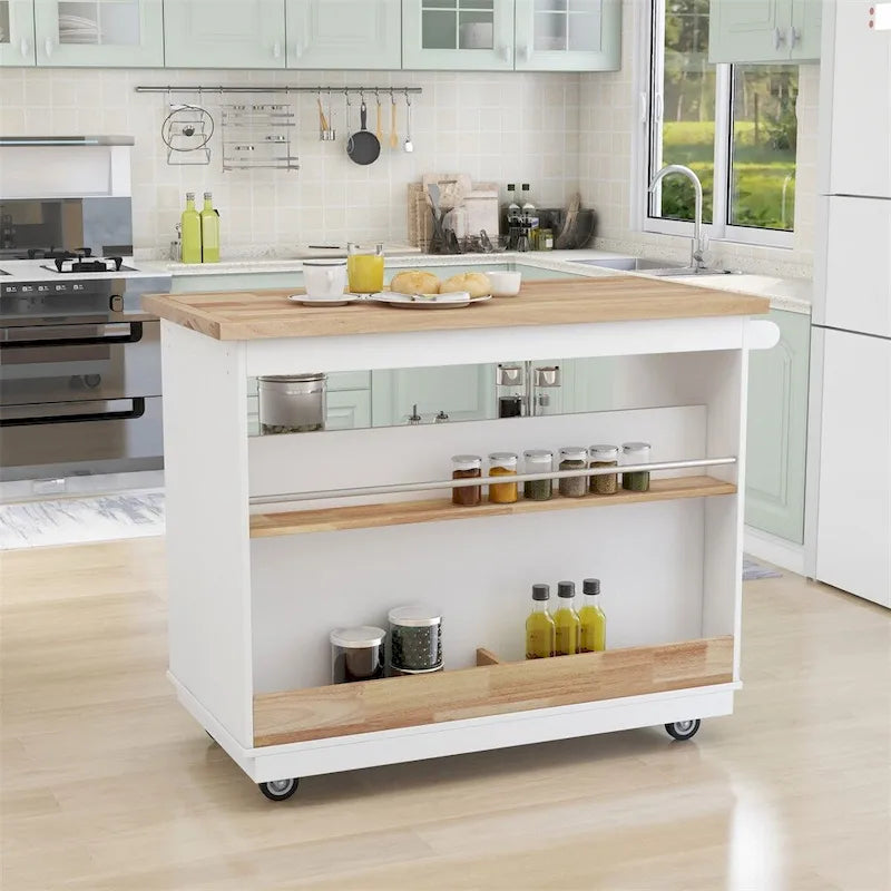 Meuble îlot de cuisine roulant double face avec plateau en bois d'hévéa, 2 tiroirs et étagères ouvertes