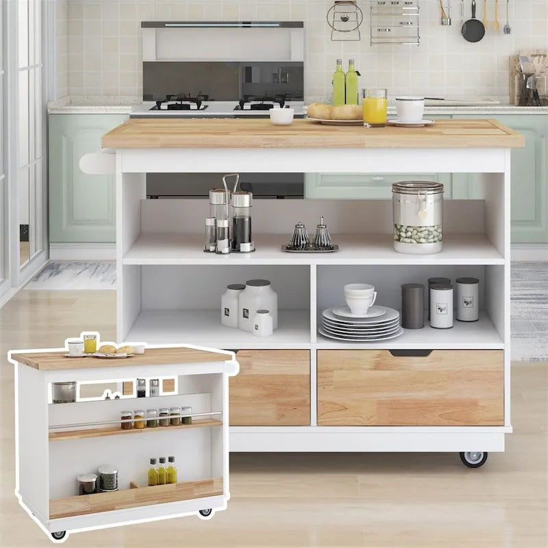 Meuble îlot de cuisine roulant double face avec plateau en bois d'hévéa, 2 tiroirs et étagères ouvertes
