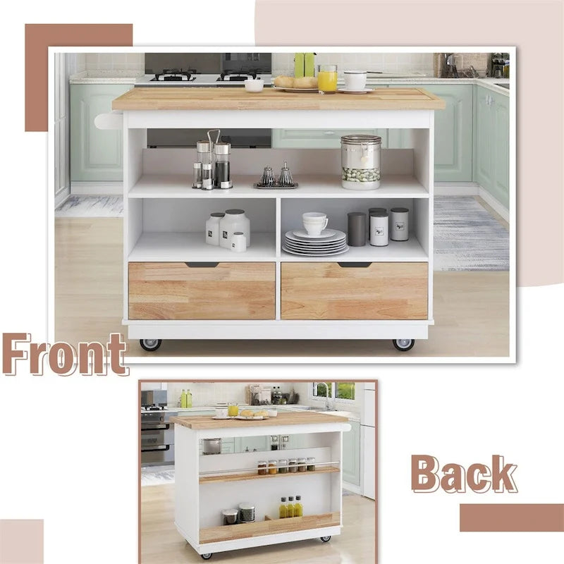 Meuble îlot de cuisine roulant double face avec plateau en bois d'hévéa, 2 tiroirs et étagères ouvertes