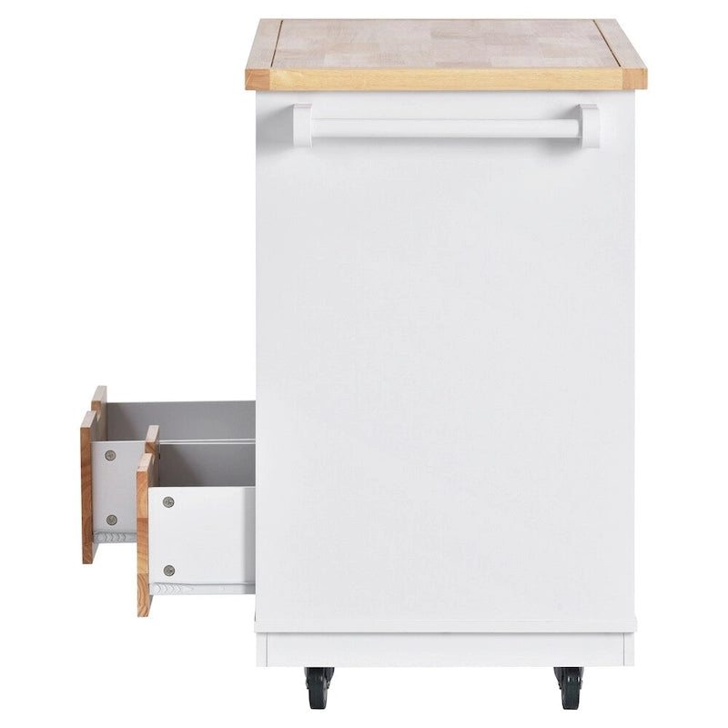 Meuble îlot de cuisine roulant double face avec plateau en bois d'hévéa, 2 tiroirs et étagères ouvertes