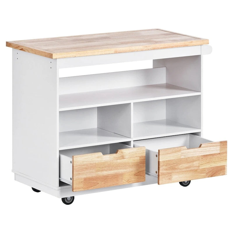 Meuble îlot de cuisine roulant double face avec plateau en bois d'hévéa, 2 tiroirs et étagères ouvertes