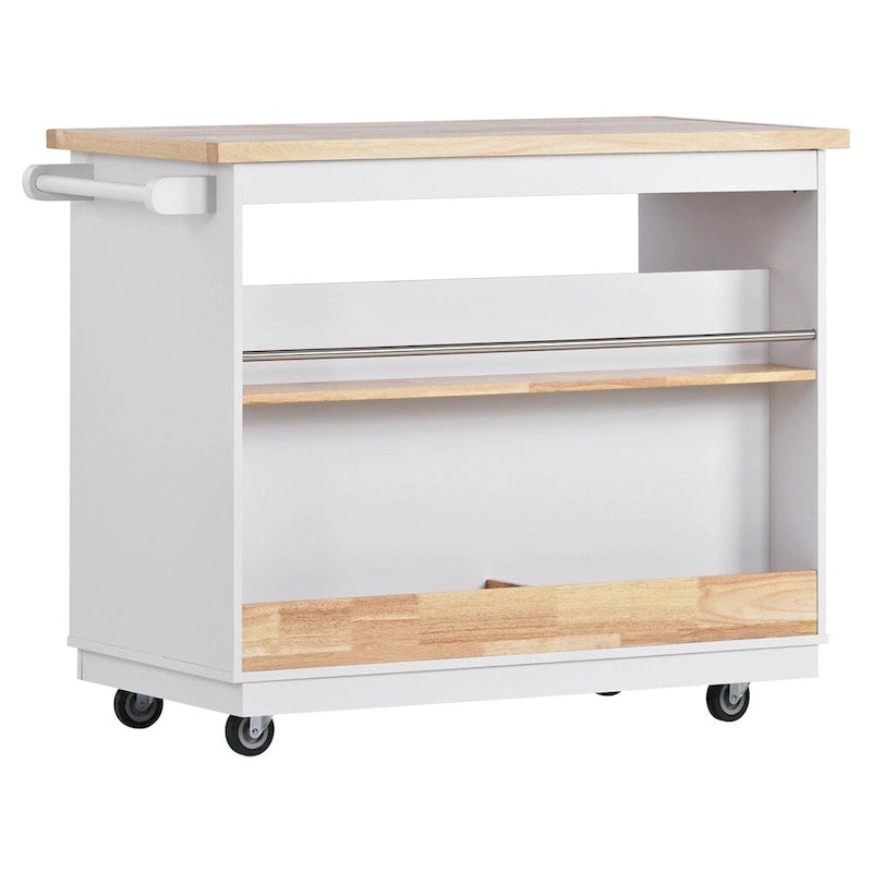 Meuble îlot de cuisine roulant double face avec plateau en bois d'hévéa, 2 tiroirs et étagères ouvertes
