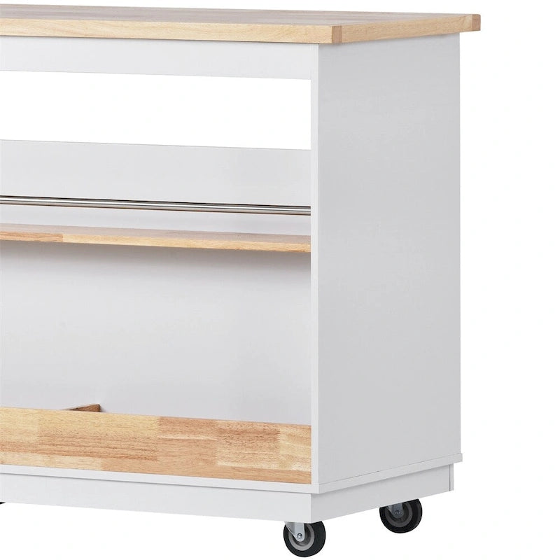 Meuble îlot de cuisine roulant double face avec plateau en bois d'hévéa, 2 tiroirs et étagères ouvertes
