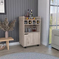 Desserte de bar roulante beige avec étagères ouvertes, casiers à vin et armoire