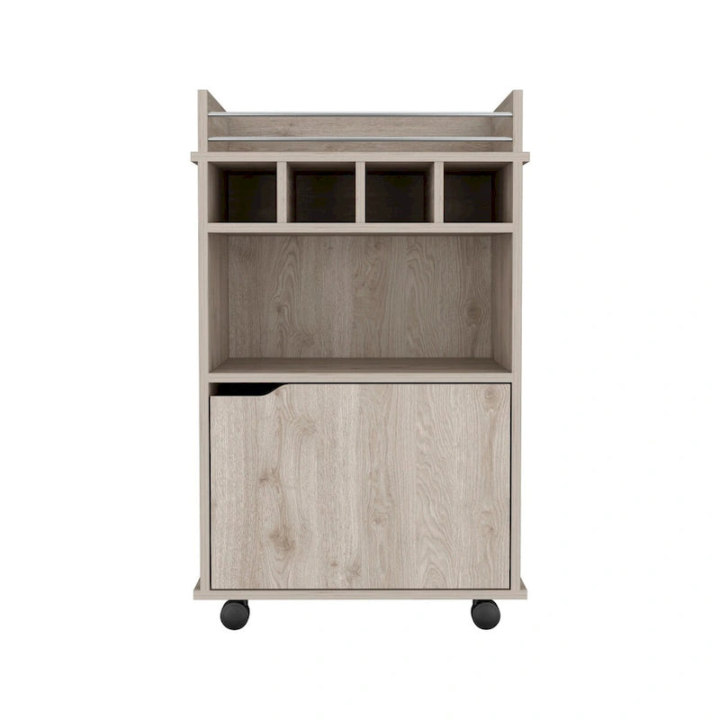 Desserte de bar roulante beige avec étagères ouvertes, casiers à vin et armoire