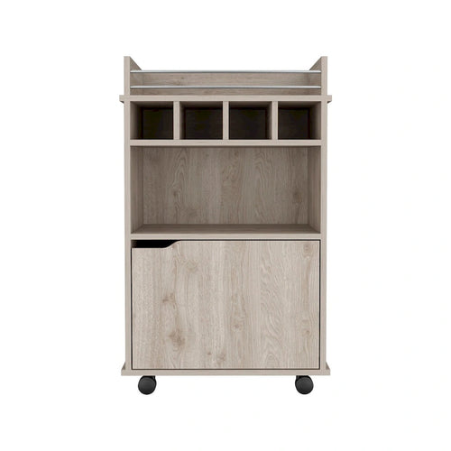 Desserte de bar roulante beige avec étagères ouvertes, casiers à vin et armoire