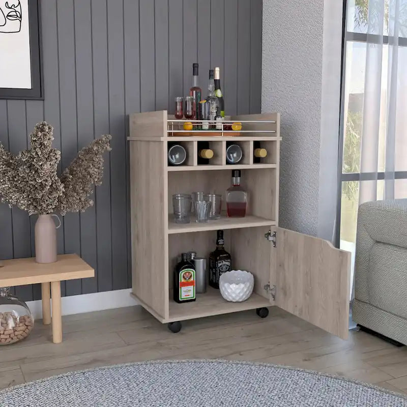 Desserte de bar roulante beige avec étagères ouvertes, casiers à vin et armoire