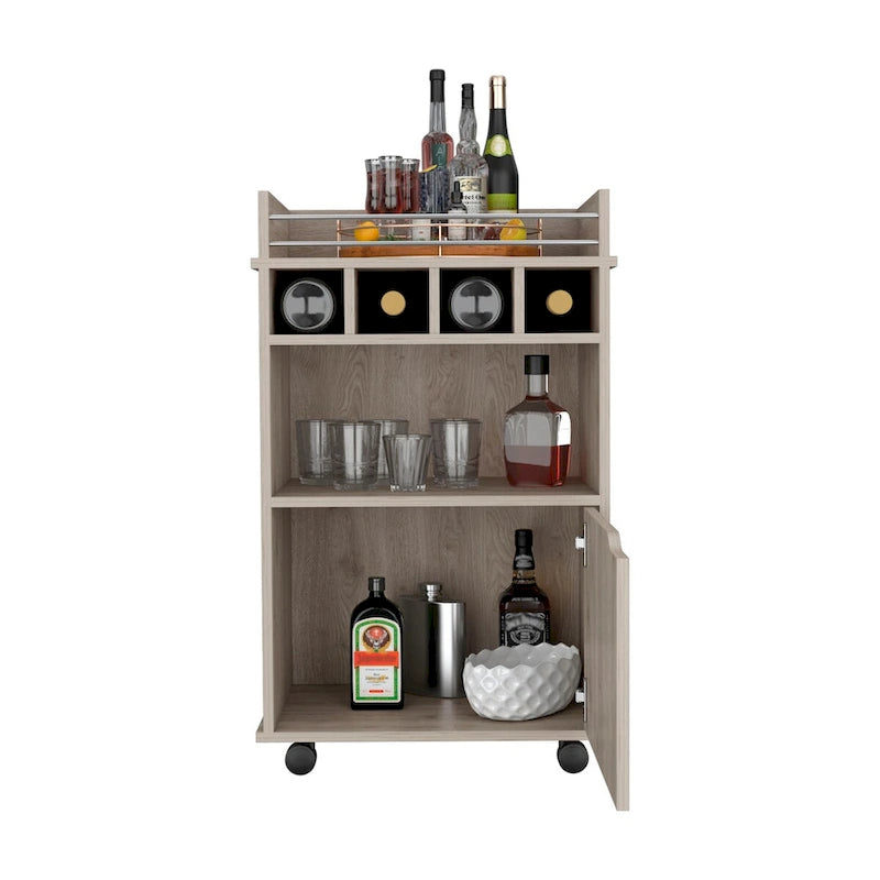 Desserte de bar roulante beige avec étagères ouvertes, casiers à vin et armoire