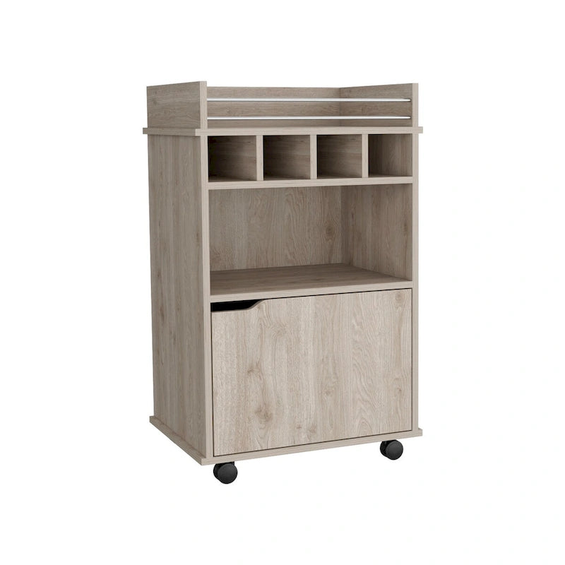 Desserte de bar roulante beige avec étagères ouvertes, casiers à vin et armoire
