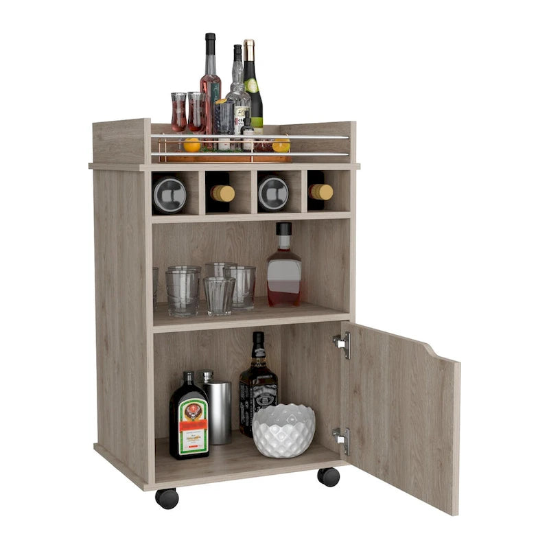 Desserte de bar roulante beige avec étagères ouvertes, casiers à vin et armoire