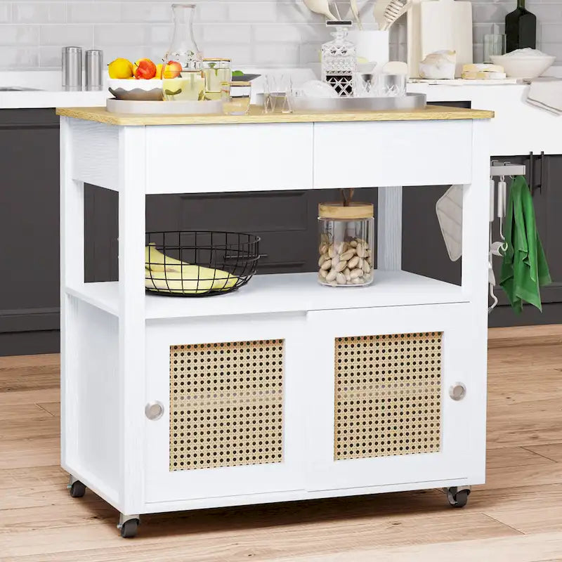 Dessert îlot de cuisine roulant en rotin avec tiroir, étagère ouverte et armoire de rangement